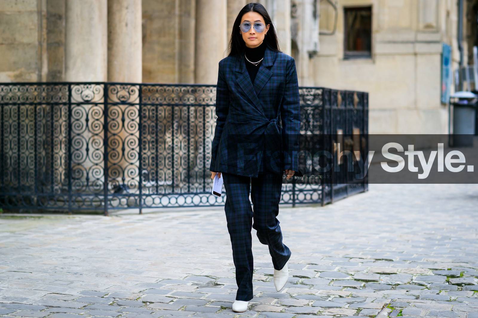 black turtleneck, blazer, blue jacket, blue pants, checked, checked suit, graphic jacket, graphic pants, graphic suit, justine lee, leather shoes, navy suit, necklace, pearls, plaid, printed jacket, printed pants, printed suit, sunglasses, trousers, white shoes, PARIS, PFW, street style, jonathan paciullo, FW, frenchystyle, fashion week, AUTUMN WINTER 2019-2020, AW 19-20, FALL WINTER 2019-2020, FW 19-20, horizontal, atmosphere details, full length