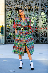 black belt, black shoes, checked, graphic jacket, grey coat, high heels, leather belt, leather shoes, plaid, printed jacket, tartan, white socks, PARIS, PFW, street style, jonathan paciullo, FW, frenchystyle, fashion week, AUTUMN WINTER 2019-2020, AW 19-20, FALL WINTER 2019-2020, FW 19-20, vertical, full length