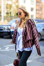 atmosphere details, black pants, blazer, chloé, detail, fashion week, frenchystyle, FW, graphic bag, graphic jacket, graphic pants, jonathan paciullo, leather bag, NEW YORK, NYFW, over the shoulder, printed jacket, printed pants, red bag, red jacket, SPRING SUMMER 2018, SS 18, street style, striped jacket, striped pants, sunglasses, trousers, vertical