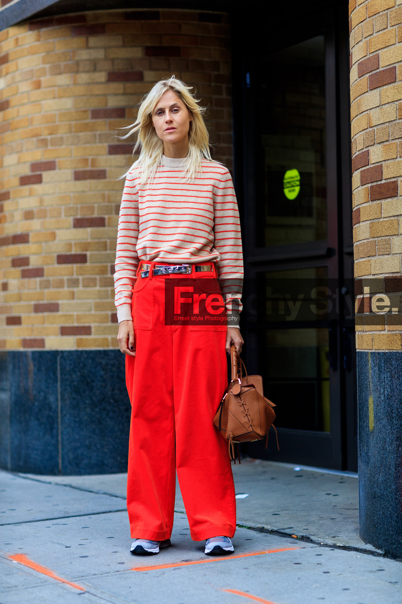 black belt, brown bag, fashion week, frenchystyle, full length, FW, jonathan paciullo, leather bag, linda tol, loewe, NEW YORK, NYFW, printed sweater, red pants, red sweater, SPRING SUMMER 2018, SS 18, street style, striped sweater, trousers, vertical, wide pants