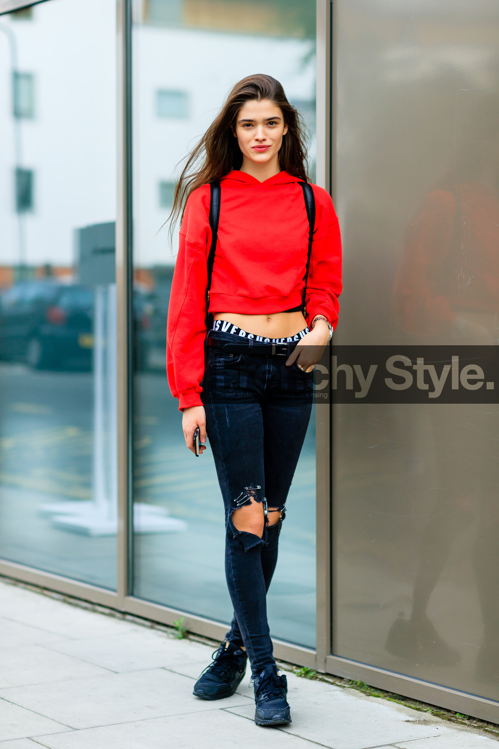 black bag, black belt, black denim, black sneakers, denim pants, fashion week, frenchystyle, full length, FW, hoodie, jeans, jonathan paciullo, leather backpack, leather belt, LFW, LONDON, model, nike, red sweater, SPRING SUMMER 2017, SS 17, street style, trousers, versus, vertical, woman