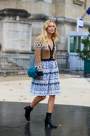 megan adelaide, blue bag, fur bag, shoulder bag, chain strap bag, quilted bag, knitwear, knit dress, beige dress, white dress, jacquard dress, chanel bag, chanel dress, black leather boots, low boots, zipped boots, button dress, PARIS, PFW, SPRING SUMMER 2020, SS 20, fashion week, frenchystyle, FW, jonathan paciullo, street style, vertical, full length