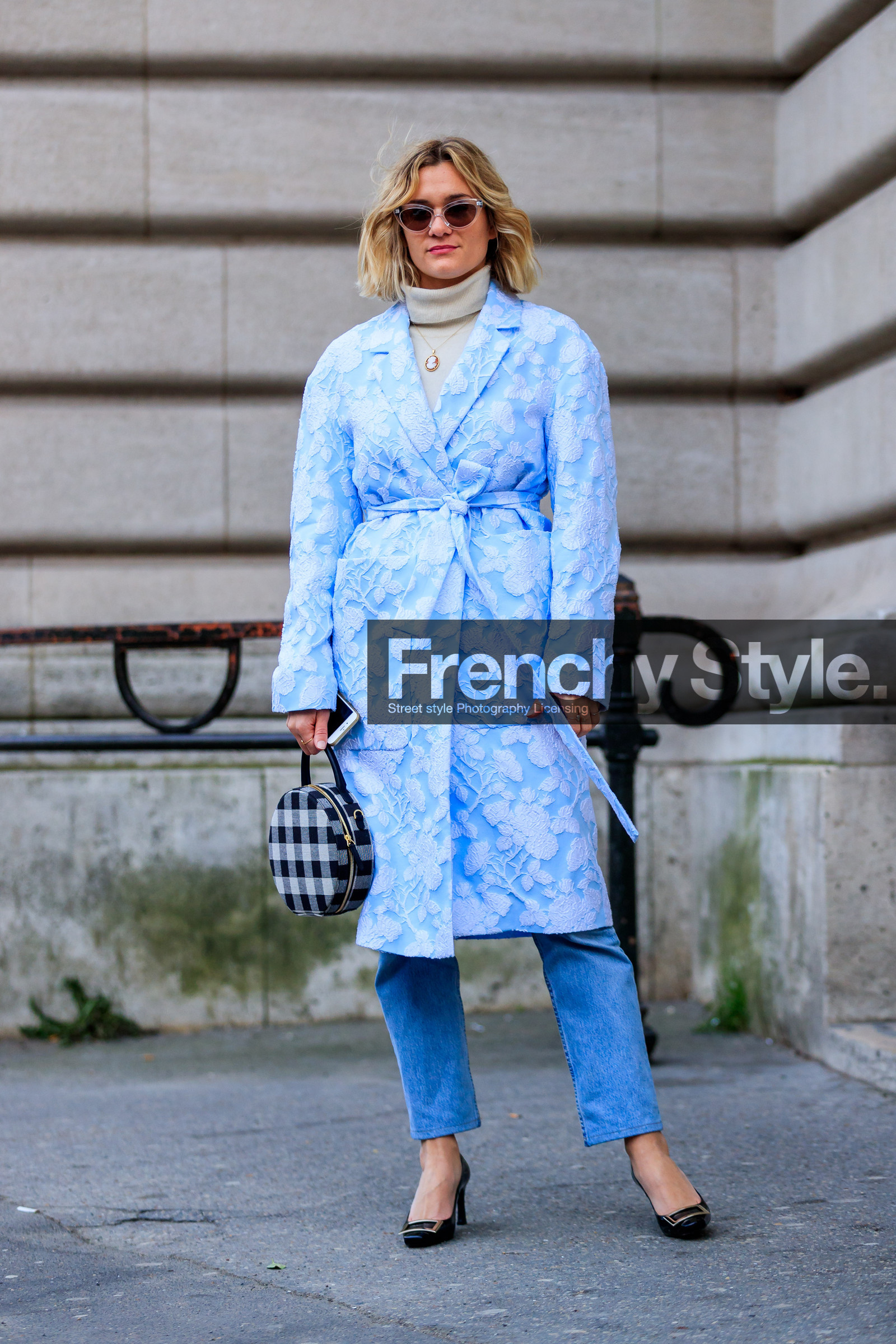 beige turtleneck, black and white bag, black shoes, blue coat, blue denim, checked, checked bag, denim pants, floral, graphic bag, graphic jacket, high heels, jeans, leather bag, leather shoes, plaid, printed bag, printed jacket, sunglasses, trousers, street style, jonathan paciullo, FW, frenchystyle, fashion week, PFW, PARIS, AUTUMN WINTER 2018-2019, FALL WINTER 2018-2019, FW 18-19, vertical, full length, adenorah