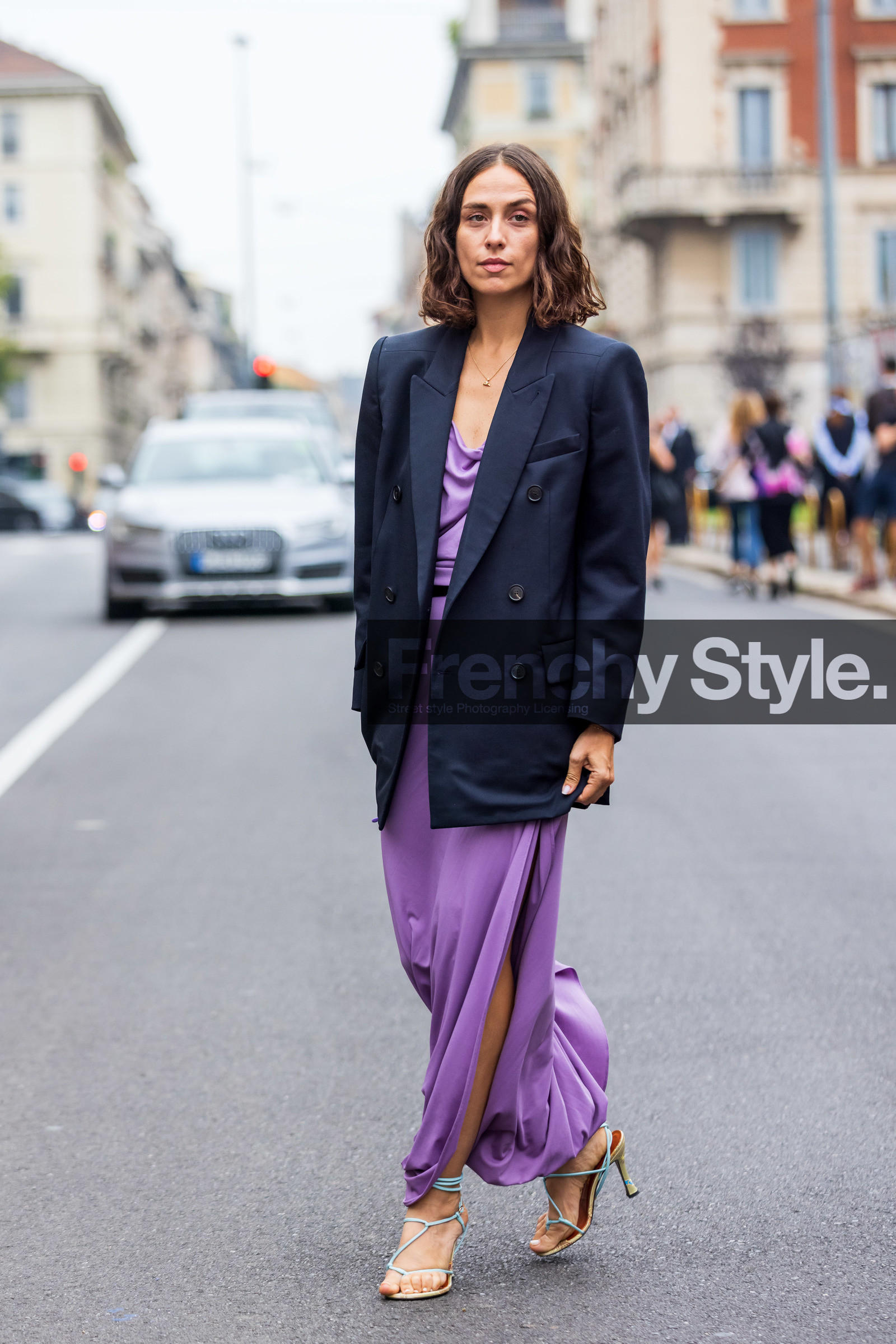 black blazer, blazer, blue sandals, color, dress, Erika Boldrin, fluid dress, lace up sandals, long dress, purple dress, sandals, satined dress, splited dress, colored dress, fashion week, frenchystyle, FW, jonathan paciullo, street style, SPRING SUMMER 2022, SS 22, MFW, MILAN, vertical, full length