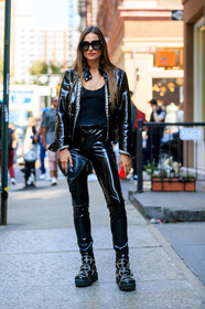 alexander wang, black bag, black boots, black jacket, black pants, black tank top, fashion week, frenchystyle, full length, FW, jonathan paciullo, leather bag, leather jacket, leather pants, NEW YORK, NYFW, SPRING SUMMER 2018, SS 18, street style, sunglasses, tone on tone, total look black, trousers, varnished leather shoes, vertical, vinyl