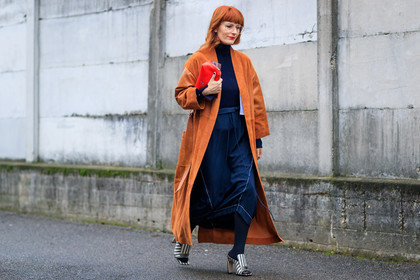 atmosphere details, AUTUMN WINTER 2017-2018, AW 17-18, blue pants, FALL WINTER 2017-2018, fashion week, frenchystyle, full length, FW, FW 17-18, graphic shoes, high heels, horizontal, jonathan paciullo, leather bag, leather coat, leather shoes, MFW, MILAN, navy sweater, orange coat, red bag, red head, sara moschini, street style, striped sandals, wide pants