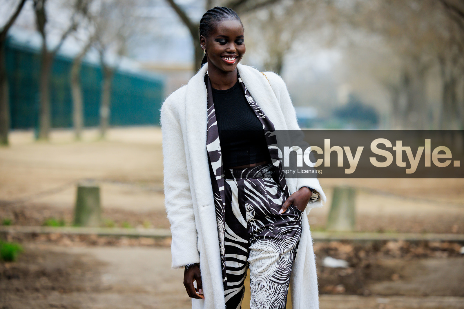 model, white coat, printed blazer, braids, black top, black and white blazer, printed pants, black and white pants, chanel, fashion week, frenchystyle, FW, jonathan paciullo, street style, PARIS, PFW, SPRING SUMMER 2022, SS 22, atmosphere details, detail, horizontal