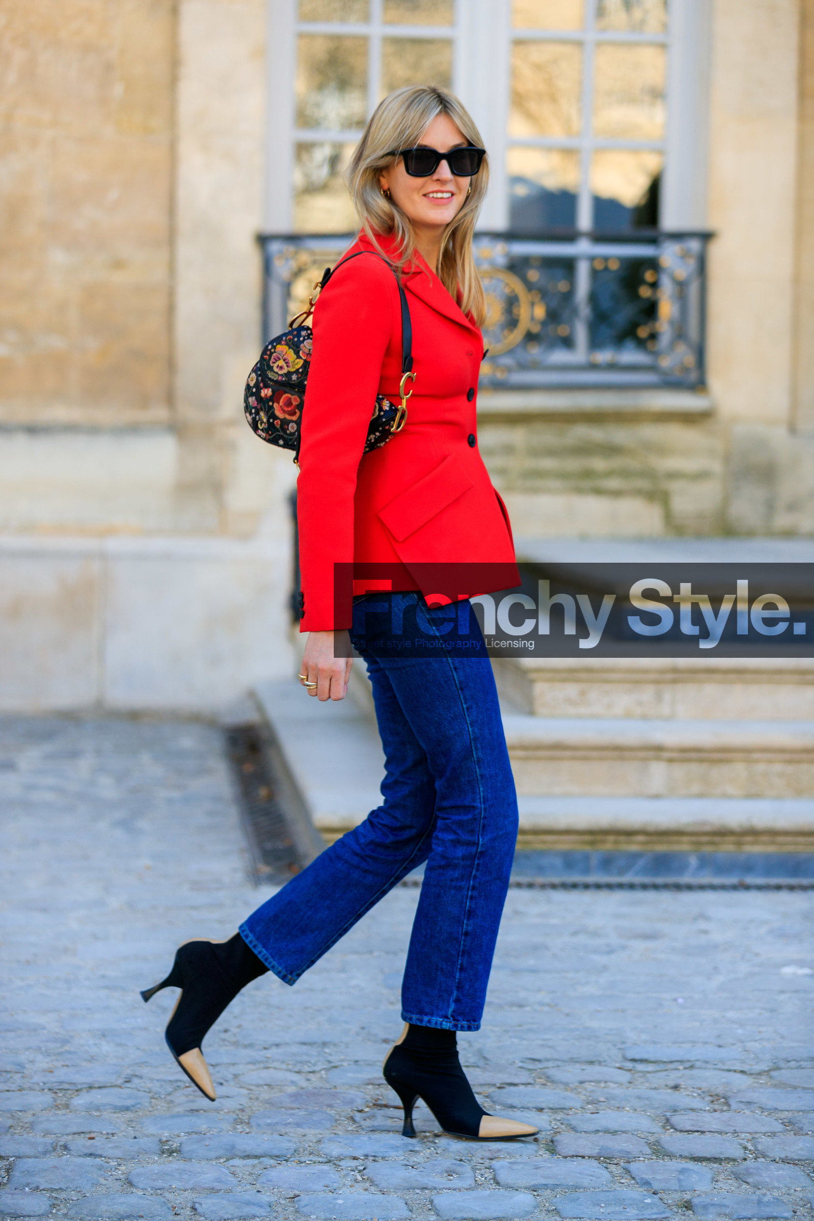 black bag, black shoes, blue denim, camille charriere, christian dior, céline, denim pants, embroidered bag, floral, flowers, graphic bag, high heels, jeans, leather bag, leather shoes, printed bag, red jacket, sunglasses, trousers, fashion week, frenchystyle, FW, jonathan paciullo, street style, PFW, PARIS, AUTUMN WINTER 2019-2020, AW 19-20, FALL WINTER 2019-2020, FW 19-20, vertical, full length