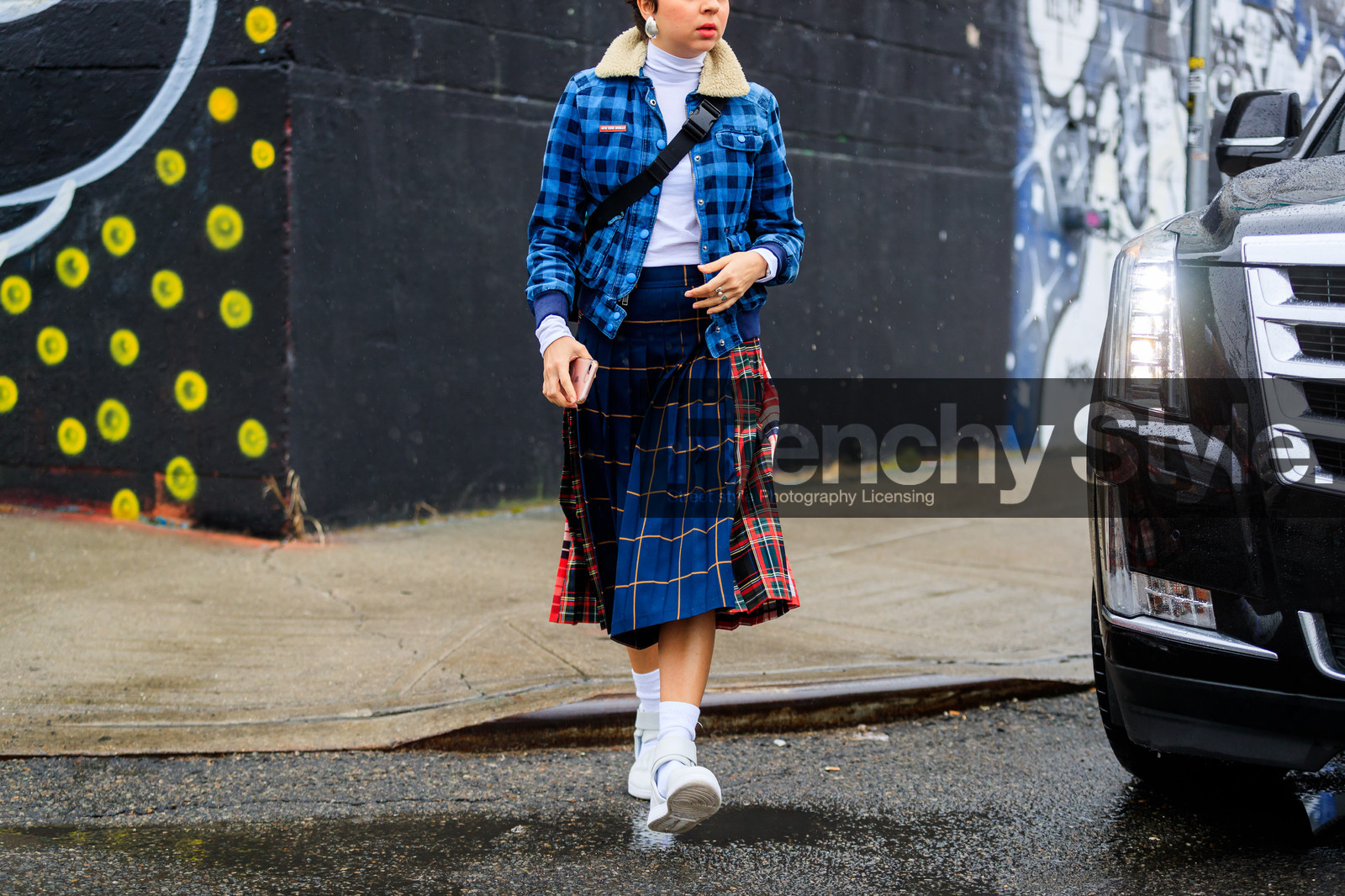blue jacket, blue skirt, checked, checked jacket, earrings, fur collar, graphic jacket, graphic skirt, leather shoes, plaid, pleated skirt, printed jacket, printed skirt, red skirt, tartan, white sneakers, white socks, white sweater, street style, jonathan paciullo, FW, frenchystyle, fashion week, NYFW, NEW YORK, AUTUMN WINTER 2018-2019, AW 18-19, FALL WINTER 2018-2019, FW 18-19, atmosphere details, horizontal, detail