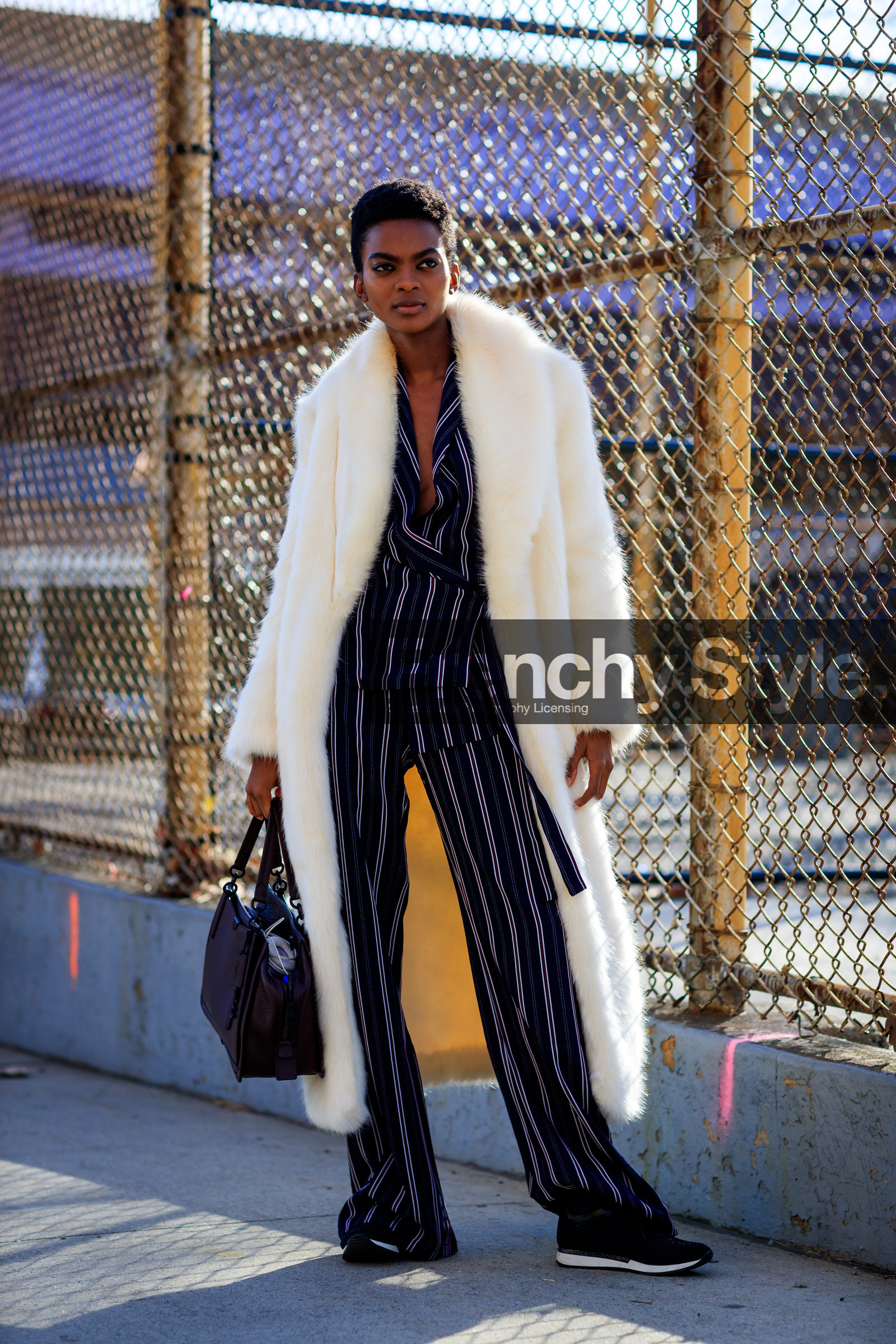 black bag, black shoes, blue shirt, eyeshadow, Fur coat, graphic pants, graphic shirt, leather bag, leather shoes, navy pants, printed pants, printed shirt, short hair, striped pants, striped shirt, trousers, white coat, white fur, street style, jonathan paciullo, FW, frenchystyle, fashion week, NYFW, NEW YORK, AUTUMN WINTER 2018-2019, AW 18-19, FALL WINTER 2018-2019, FW 18-19, vertical, full length, model