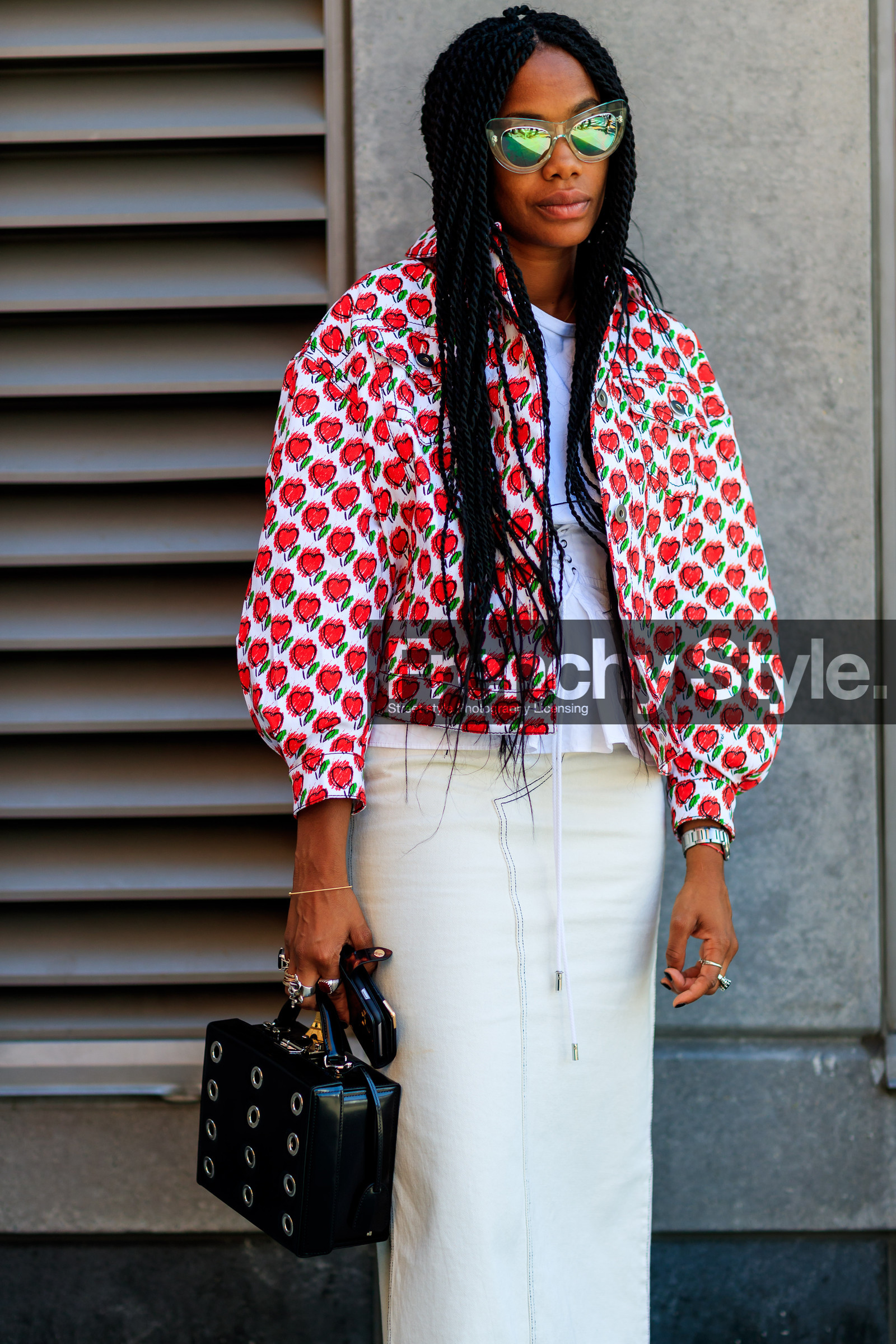 atmosphere details, black bag, braids, denim skirt, detail, fashion week, frenchystyle, FW, graphic jacket, jan-michael quammie, jonathan paciullo, leather bag, NEW YORK, NYFW, printed jacket, red jacket, rings, SPRING SUMMER 2018, SS 18, street style, sunglasses, vertical, white denim, white shirt