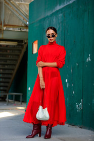 bordeaux, burgundy, evangelie smyrniotaki, fashion week, frenchystyle, full length, FW, high heels, jonathan paciullo, leather bag, leather shoes, NEW YORK, NYFW, red boots, red dress, SPRING SUMMER 2018, SS 18, street style, sunglasses, vertical, white bag