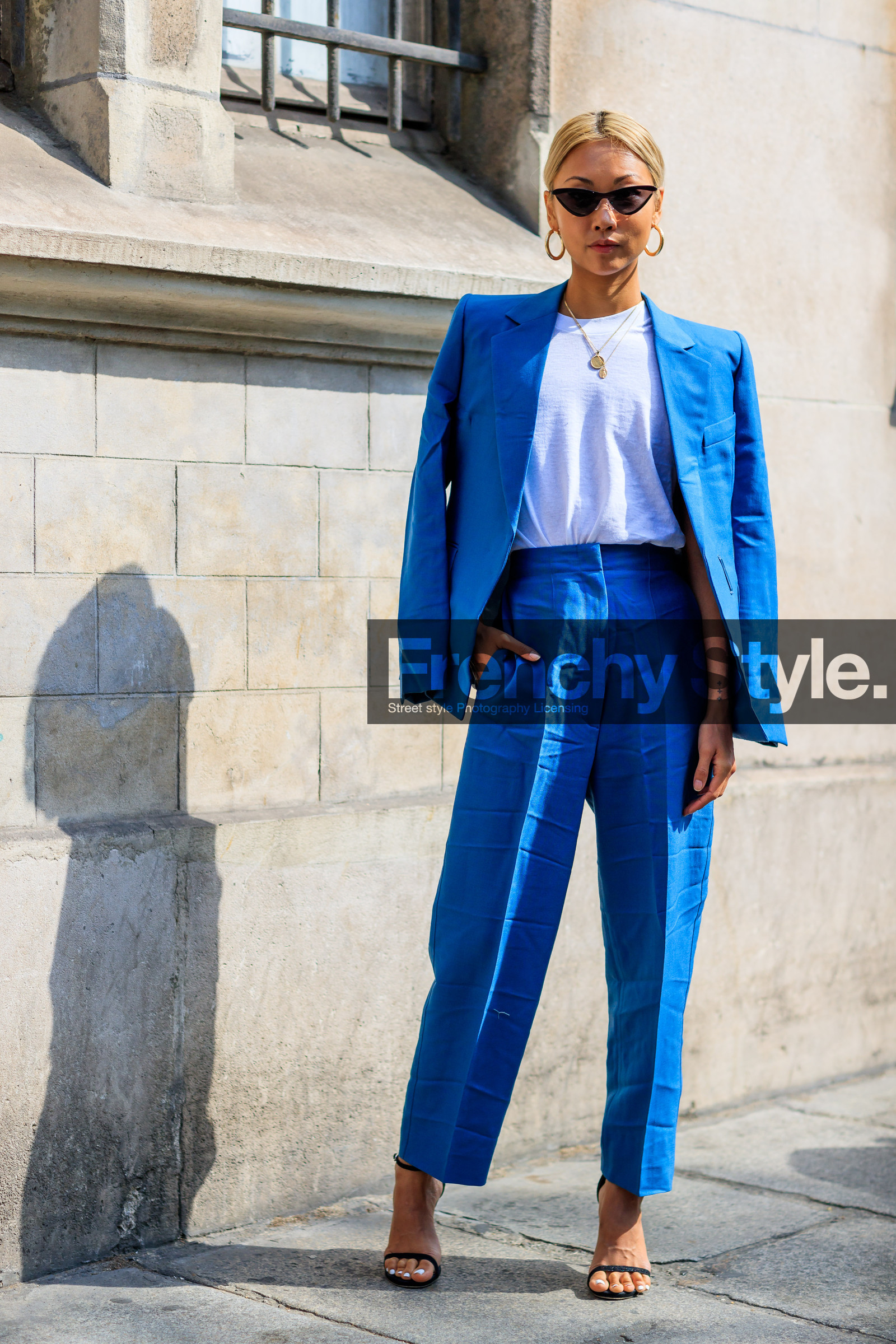 black shoes, blazer, blue jacket, blue pants, blue suit, high heels, leather shoes, necklace, over the shoulder, sunglasses, trousers, white t shirt, PFW, fashion week, frenchystyle, FW, jonathan paciullo, street style, PARIS, vertical, full length, AUTUMN WINTER 2018-2019, FALL WINTER 2018-2019, FW 18-19, vanessa hong