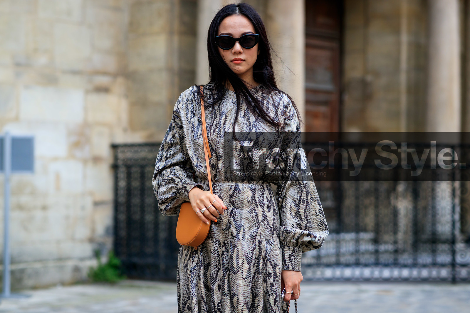 animal print, camel bag, graphic dress, leather bag, leather dress, printed dress, snake print, sunglasses, yoyo cao, PARIS, PFW, street style, jonathan paciullo, FW, frenchystyle, fashion week, AUTUMN WINTER 2019-2020, AW 19-20, FALL WINTER 2019-2020, FW 19-20, horizontal, atmosphere details, detail
