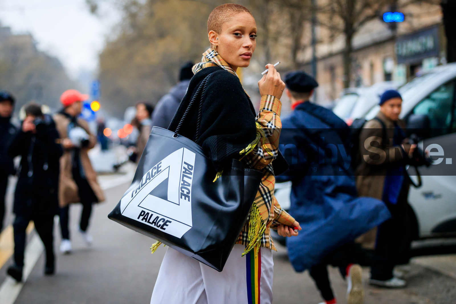 beige jacket, black bag, black sweater, burberry, checked, earrings, graphic bag, graphic jacket, leather bag, palace, plaid, printed bag, printed jacket, tartan, tied up sweater, fashion week, frenchystyle, FW, jonathan paciullo, street style, MFW, MILAN, AUTUMN WINTER 2018-2019, FALL WINTER 2018-2019, FW 18-19, horizontal, atmosphere details, model, adwoa aboah