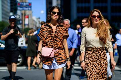 atmosphere details, beige sweater, blue shorts, brown shirt, brown skirt, bulgari, detail, fanny pack, fashion week, frenchystyle, FW, graphic shirt, horizontal, jonathan paciullo, leandra medine, leather bag, leopard, leopard print, NEW YORK, NYFW, pink bag, printed shirt, printed skirt, SPRING SUMMER 2018, SS 18, street style, striped shirt, striped shorts, sunglasses, zebra