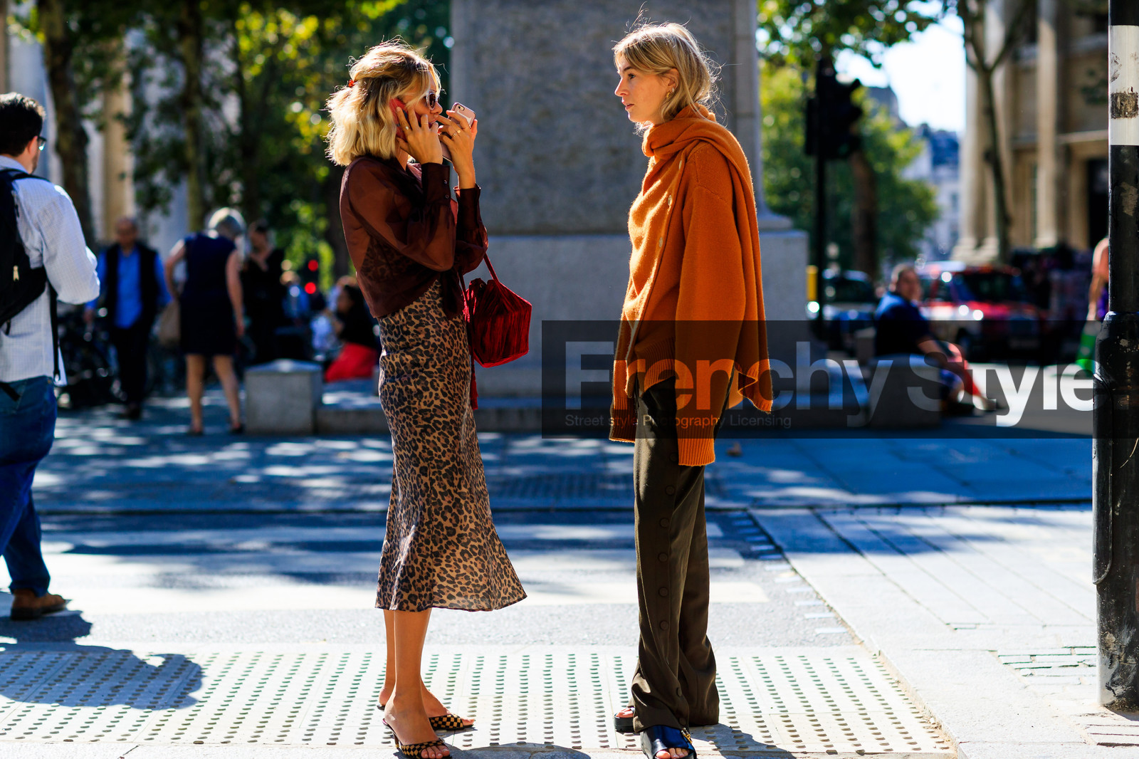 black shoes, brown pants, camille charriere, leather bag, leather shoes, orange sweater, trousers, adenorah, animal print, bordeaux, burgundy, graphic skirt, high heels, leather bag, leather shoes, leopard, printed skirt, red bag, red shirt, sunglasses, fashion week, frenchystyle, FW, jonathan paciullo, street style, LFW, LONDON, SPRING SUMMER 2019, SS 19, atmosphere details, horizontal, full length