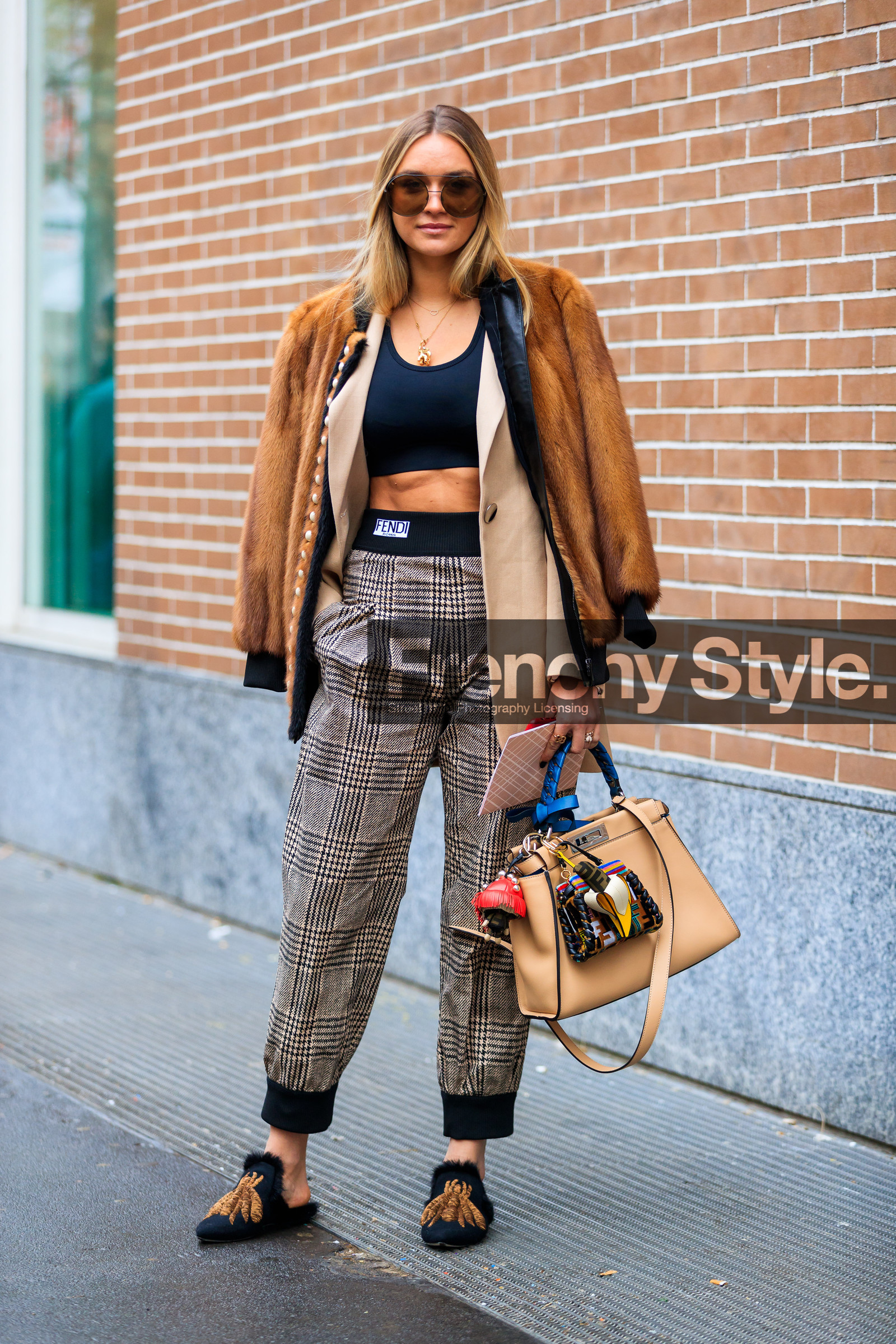 beige bag, beige jacket, black bra, black mules, black shoes, blazer, brown fur, brown jacket, checked, dries van noten, embroidered shoes, fendi, fur jacket, graphic bag, graphic pants, leather bag, leather shoes, mini bag, multicolor bag, over the shoulder, plaid, printed bag, printed pants, sunglasses, sweatpants, trousers, fashion week, frenchystyle, FW, jonathan paciullo, street style, MFW, MILAN, AUTUMN WINTER 2018-2019, FALL WINTER 2018-2019, FW 18-19, vertical, full length, nina suess