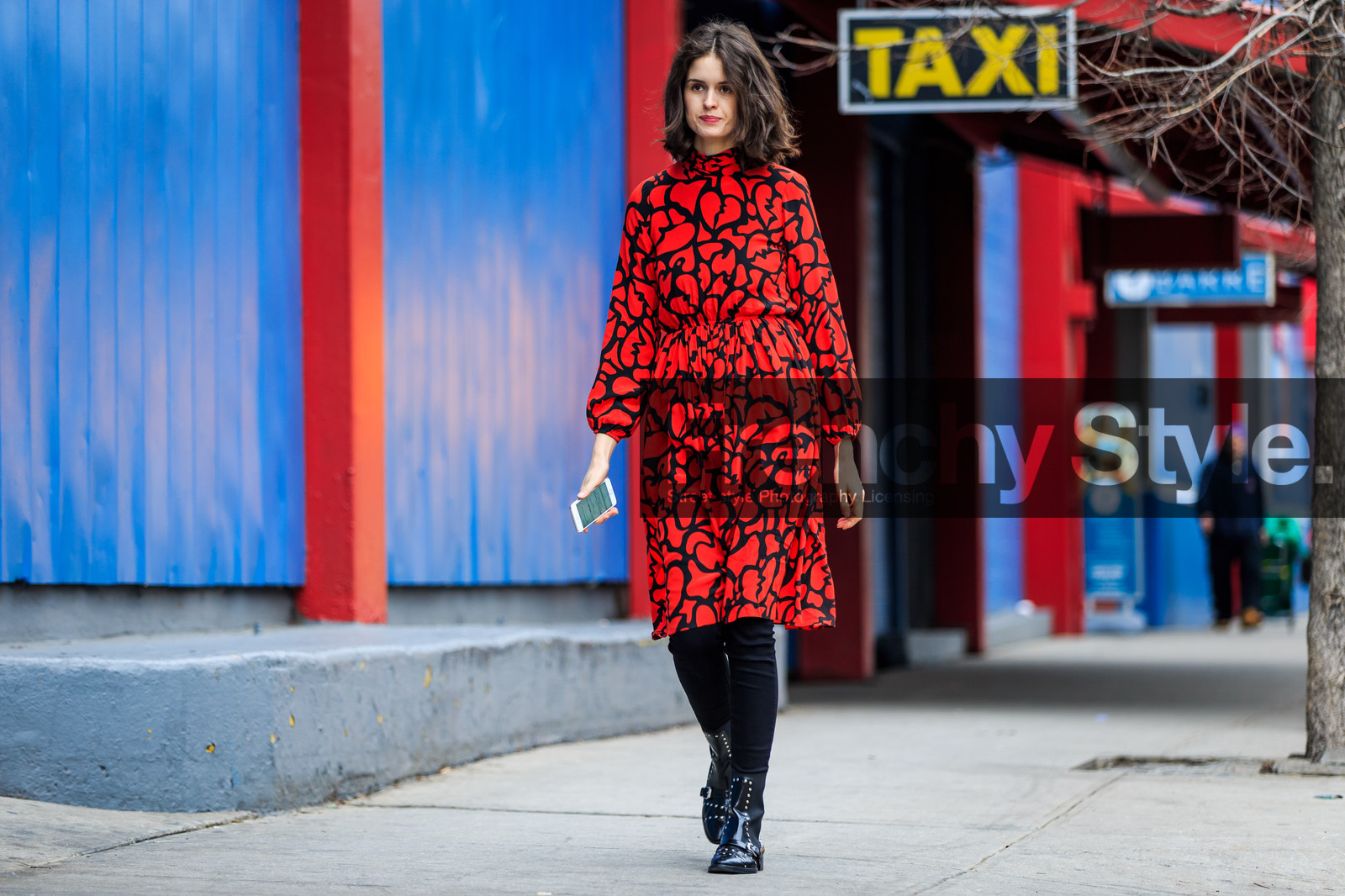 atmosphere details, AUTUMN WINTER 2016-2017, AW 16-17, black, black boots, black pants, chloe hill, fashion week, frenchystyle, full length, FW, FW 16-17, horizontal, jonathan paciullo, leather boots, NEW YORK, NYFW, printed dress, red, red dress, street style, studs, trousers, woman