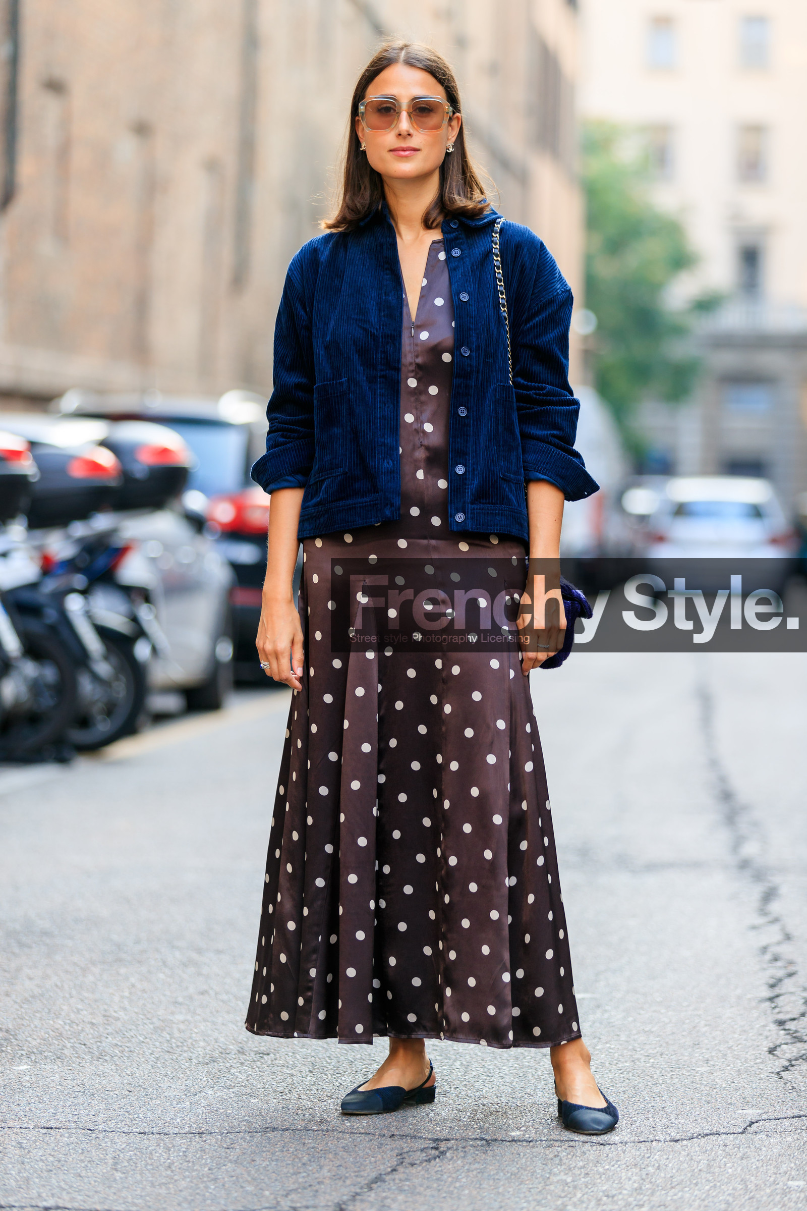 black ballerinas, black shoes, blue jacket, brown dress, corduroy, graphic dress, julia haghjoo, leather shoes, polka dot, printed dress, sunglasses, fashion week, frenchystyle, FW, jonathan paciullo, street style, MFW, MILAN, SPRING SUMMER 2019, SS 19, vertical, full length