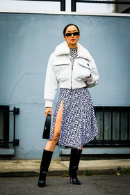 coperni dress, cut out dress, midi dress, black heeled boots, leather boots, bomber jacket, white jacket, black sunglasses, silver loop earrings, black coperni bag, coperni, Chriselle Lim, street style, jonathan paciullo, FW, frenchystyle, fashion week, AUTUMN WINTER 2022-2023, FALL WINTER 2022_2023, FW 22-23, PFW, PARIS, full length, vertical