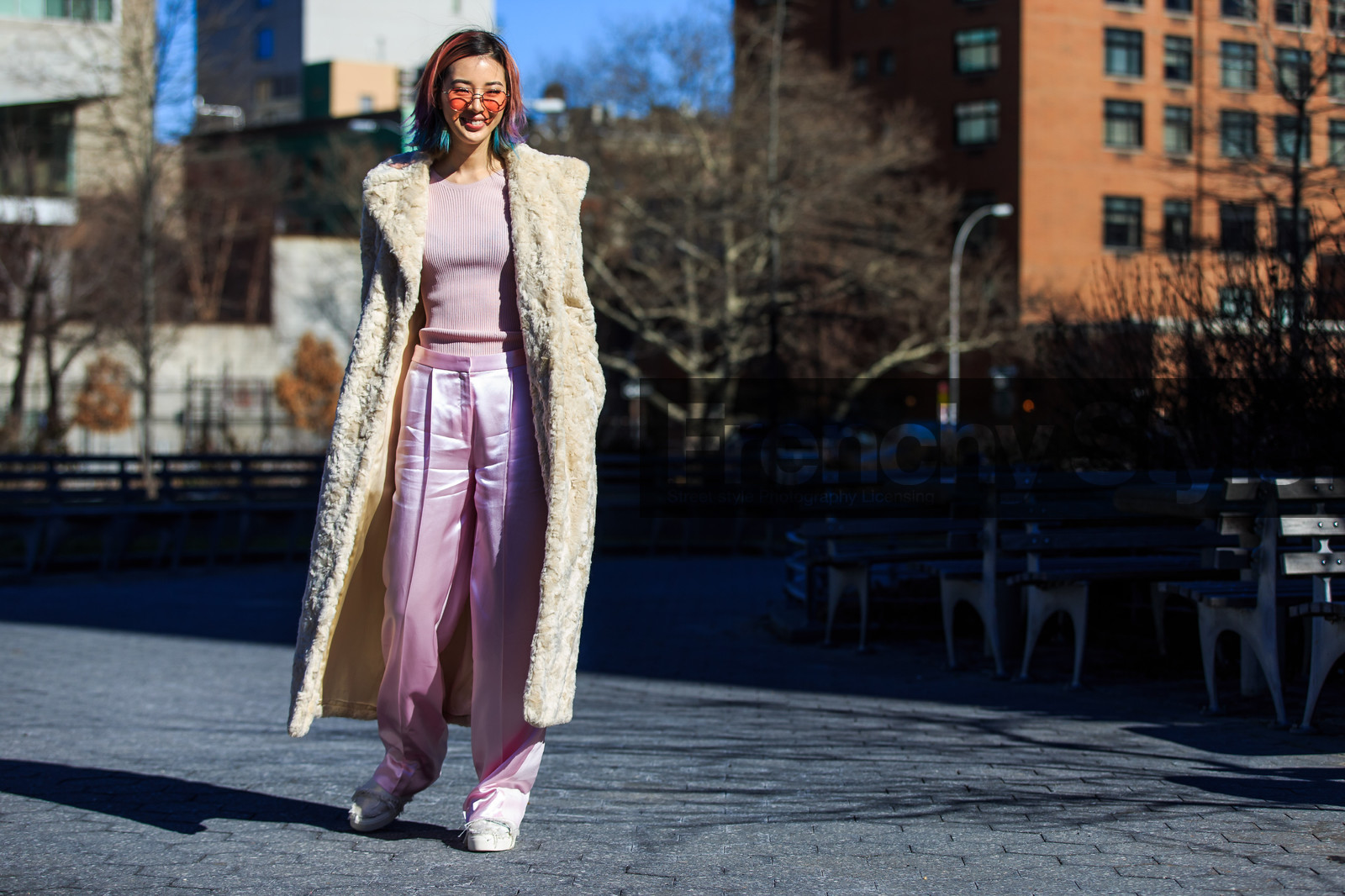 atmosphere details, AUTUMN WINTER 2016-2017, AW 16-17, dyed hair, fashion week, frenchystyle, full length, fur coat, FW, FW 16-17, horizontal, irene kim, jonathan paciullo, NEW YORK, NYFW, pink pants, pink sweater, street style, sunglasses, trousers, white coat, white fur, white slippers, woman