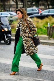 animal print coat, leopard print coat, green pants, flared pants, brown boots, celine bag, logo bag, monogram bag, ilaria beatrice cassati, street style, jonathan paciullo, FW, frenchystyle, fashion week, AUTUMN WINTER 2022-2023, FALL WINTER 2022_2023, FW 22-23, PFW, PARIS, full length, vertical