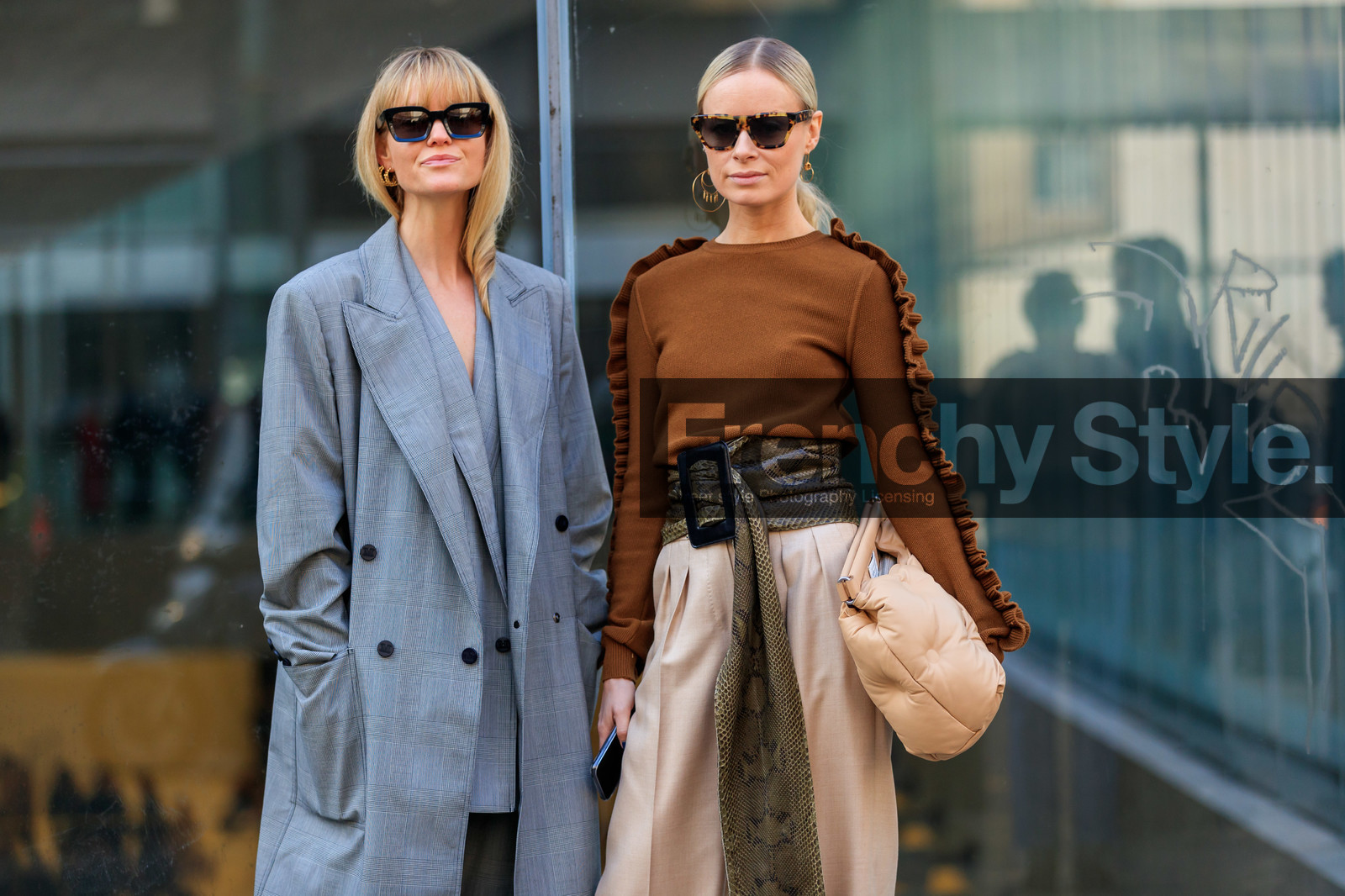 animal print, beige bag, beige pants, brown belt, brown sweater, green belt, grey coat, grey jacket, grey pants, grey suit, jeanette madsen, leather bag, leather belt, maison martin margiela, ruffles, snake print, sunglasses, thora valdimars, trousers, MILAN, MFW, fashion week, frenchystyle, FW, jonathan paciullo, street style, AUTUMN WINTER 2019-2020, AW 19-20, FALL WINTER 2019-2020, FW 19-20, atmosphere details, detail, horizontal