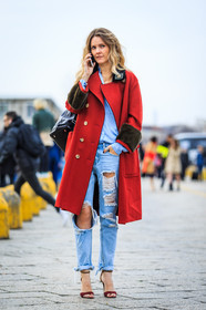 AUTUMN WINTER 2016-2017, AW 16-17, black bag, blue denim, blue shirt, brown fur, denim pants, ekatrina mukina, embroidered coat, FALL WINTER 2016-2017, fashion week, frenchystyle, full length, FW, FW 16-17, high heels, jeans, jonathan paciullo, leather backpack, LFW, LONDON, MENSWEAR, red coat, red sandals, ripped pants, street style, studs, trousers, vertical