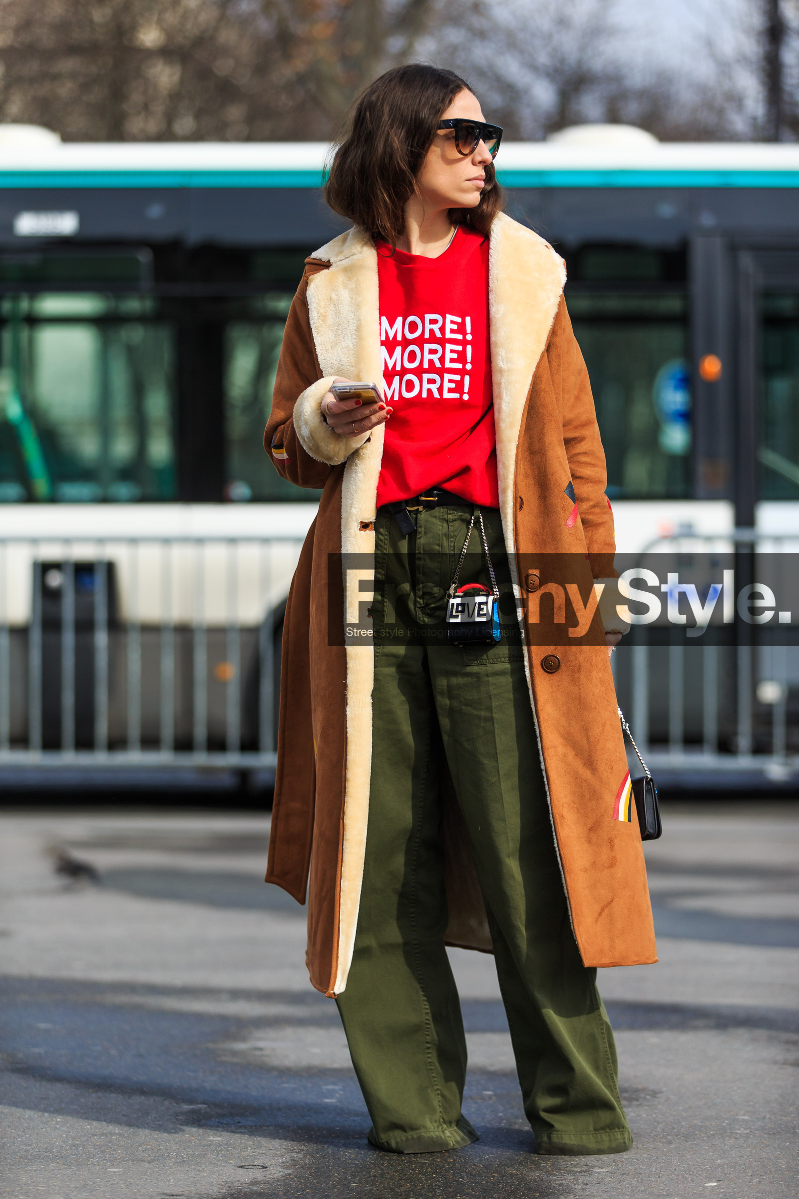 AUTUMN WINTER 2016-2017, AW 16-17, camel coat, erika boldrin, FALL WINTER 2016-2017, fashion week, frenchystyle, full length, FW, FW 16-17, green pants, jonathan paciullo, kaki pants, leather bag, leather coat, mini bag, PARIS, PFW, printed t shirt, red t shirt, shearling, street style, sunglasses, trousers, vertical, wide pants