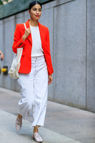 babouche, blazer, caroline issa, denim pants, embroidered shoes, fashion week, frenchystyle, full length, FW, jeans, jonathan paciullo, leather bag, leather shoes, NEW YORK, NYFW, red jacket, sequined, SPRING SUMMER 2018, SS 18, street style, tote bag, trousers, vertical, white denim, white shoes, white t shirt