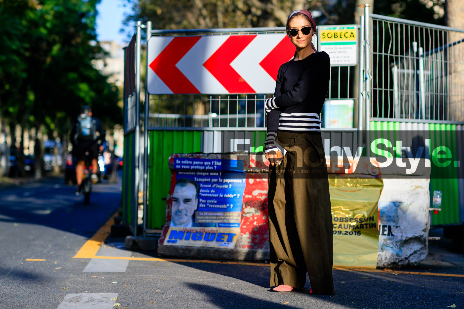 atmosphere details, fashion week, frenchystyle, full length, FW, green pants, headband, horizontal, jenny walton, jonathan paciullo, navy sweater, PARIS, PFW, red scarf, SPRING SUMMER 2017, SS 17, street style, striped top, sunglasses, trousers, wide pants