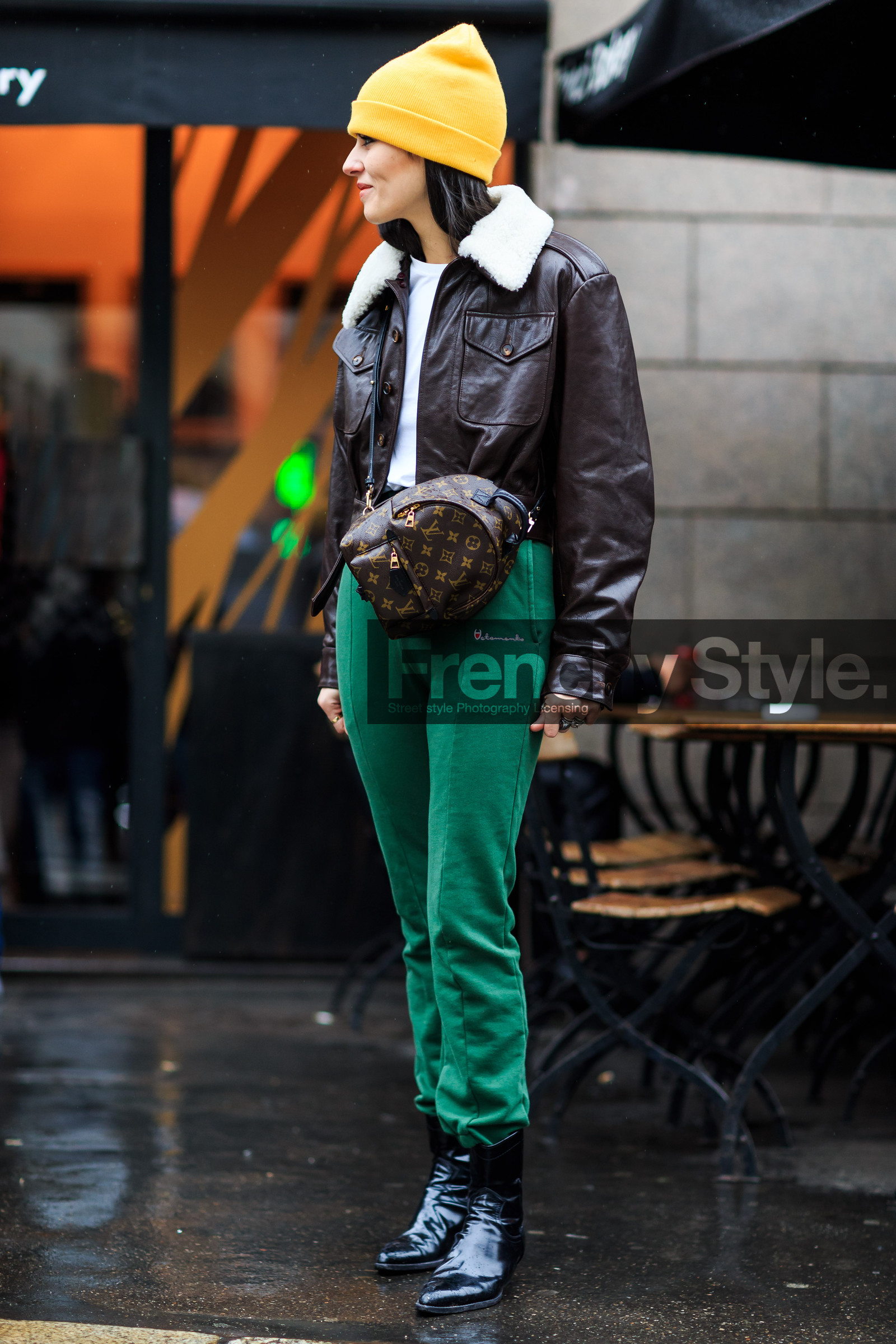 AUTUMN WINTER 2016-2017, AW 16-17, backpack, brown bag, brown jacket, FALL WINTER 2016-2017, fashion week, frenchystyle, full length, fur collar, FW, FW 16-17, gilda ambrosio, green pants, jonathan paciullo, leather bag, leather jacket, LFW, LONDON, louis vuitton, MENSWEAR, monogram, shearling, street style, sweatpants, vertical, vêtements, yellow beanie