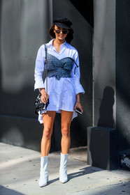 black bag, black cap, bustier top, checked top, embroidered bag, fashion week, frenchystyle, full length, FW, graphic top, grey top, high heels, jonathan paciullo, leather bag, leather shoes, NEW YORK, NYFW, plaid, printed top, sequined bag, shiny bag, shirt dress, SPRING SUMMER 2018, SS 18, street style, sunglasses, vertical, white boots, white dress