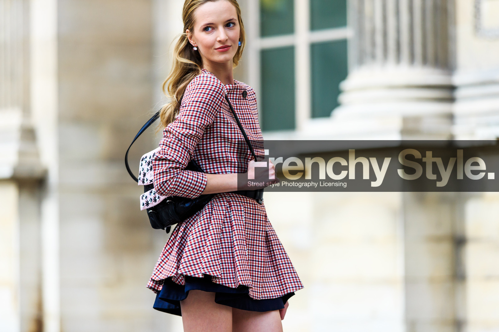 atmosphere details, AUTUMN WINTER 2016-2017, AW 16-17, backpack, belted dress, black belt, check dress, checked dress, daria strokous, detail, earrings, embroidered bag, FALL WINTER 2016-2017, fashion week, frenchystyle, FW, FW 16-17, graphic dress, horizontal, jonathan paciullo, leather backpack, long hair, PARIS, PFW, pink dress, plaid, printed dress, red dress, street style