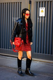 plaid look, punk look, red mini dress, plaid mini dress, black boots, cowboy boots, leather boots, balenciaga bag, red handbag, long braids, animal print fluo look, green fluo pants, baggy pants, fluo green top, leopard top, leopard pants, black bottines, leather bottines, black handbag, black sunglasses, black jacket, leather jacket, rockstar look, black blazer, leather blazer, fluo green necklace, chain necklace, classic jeans, black combat boots, black buttoned vest, fashion week, frenchystyle, FW, jonathan paciullo, street style, MFW, MILAN, FALL WINTER 2022_2023, AUTUMN WINTER 2022-2023, FW 22-23, vertical, full length