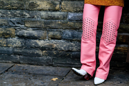 atmosphere details, detail, fashion week, frenchystyle, FW, horizontal, irina lakicevic, jonathan paciullo, leather pants, leather shoes, LFW, LONDON, pink pants, SPRING SUMMER 2017, SS 17, street style, studs, transparent heel, white boots, woman