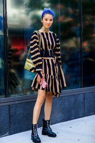 black belt, black shoes, blue hair, chanel, choker, dyed hair, fashion week, frenchystyle, full length, FW, gold bag, graphic dress, irene kim, jonathan paciullo, leather bag, leather belt, leather shoes, necklace, NEW YORK, NYFW, printed dress, shiny bag, SPRING SUMMER 2018, SS 18, street style, striped dress, vertical