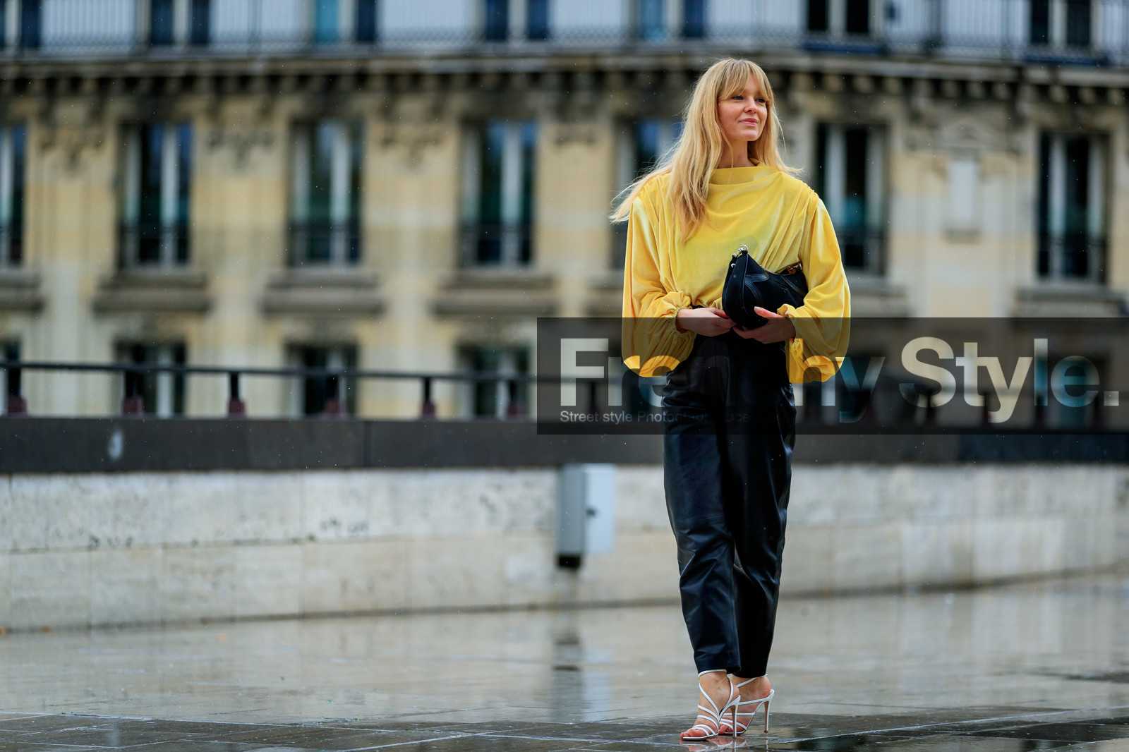 jeanette madsen, prada bag, light yellow blouse, velvet blouse, drape blouse, long sleeves blouse, black leather bag, black leather pants, hand bag, white leather sandals, multi straps sandals, high heels sandals, high waist pants, fashion week, frenchystyle, FW, jonathan paciullo, street style, PFW, PARIS, horizontal, atmosphere details, full length