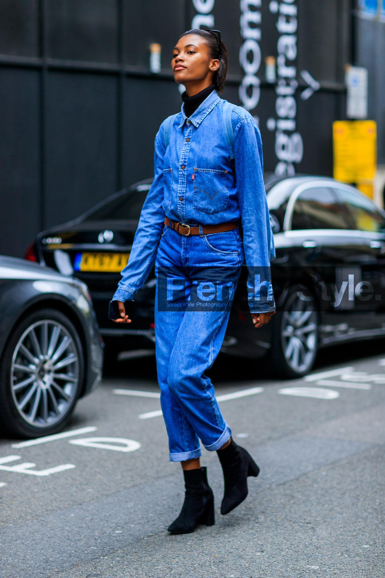 black shoes, blue denim, denim pants, denim shirt, high heels, jeans, leather shoes, levi's, levi's strauss, model, trousers, fashion week, frenchystyle, FW, jonathan paciullo, street style, LFW, LONDON, SPRING SUMMER 2019, SS 19, vertical, full length