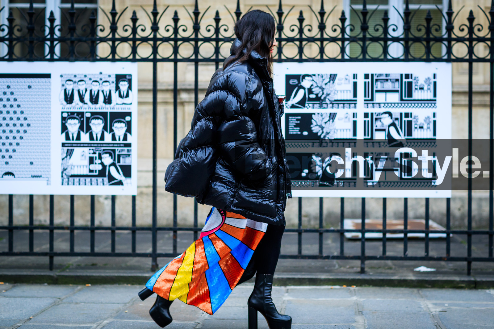 balenciaga, black jacket, down jacket, graphic skirt, multicolor skirt, printed skirt, sequined skirt, shiny skirt, oversize, glitter, high heels, black boots, leather shoes, fashion week, frenchystyle, FW, jonathan paciullo, street style, PFW, PARIS, SPRING SUMMER 2017, SS 17, HAUTE COUTURE, atmosphere details, full length, horizontal, tina leung