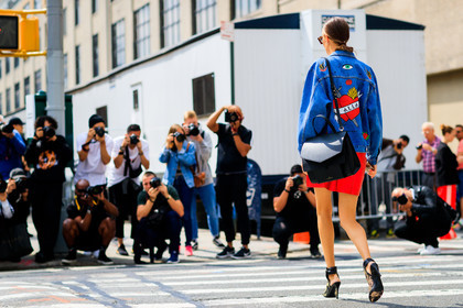 atmosphere details, back detail, black bag, black shoes, blue denim, denim jacket, embroidered jacket, embroideries, fashion week, frenchystyle, full length, FW, high heels, horizontal, jonathan paciullo, leather bag, leather shoes, NEW YORK, NYFW, red skirt, SPRING SUMMER 2018, SS 18, street style, studs