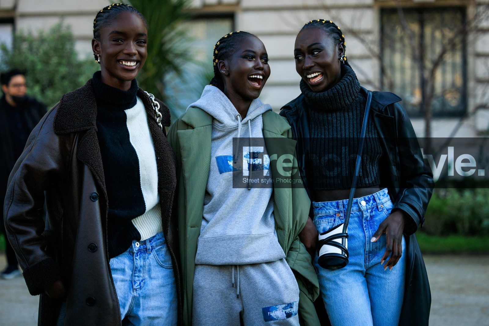 models, braider hair, sporty look, grey hoodie, grey pants, dual toned jumper, golden pins, leather coat, grey jumper, turtleneck jumper, classic jeans, crossbody bag, mini bag, bucket bag, white bag, alexander mcqueen bag, fashion week, frenchystyle, FW, jonathan paciullo, street style, PARIS, PFW, SPRING SUMMER 2022, SS 22, atmosphere details, detail, horizontal, model