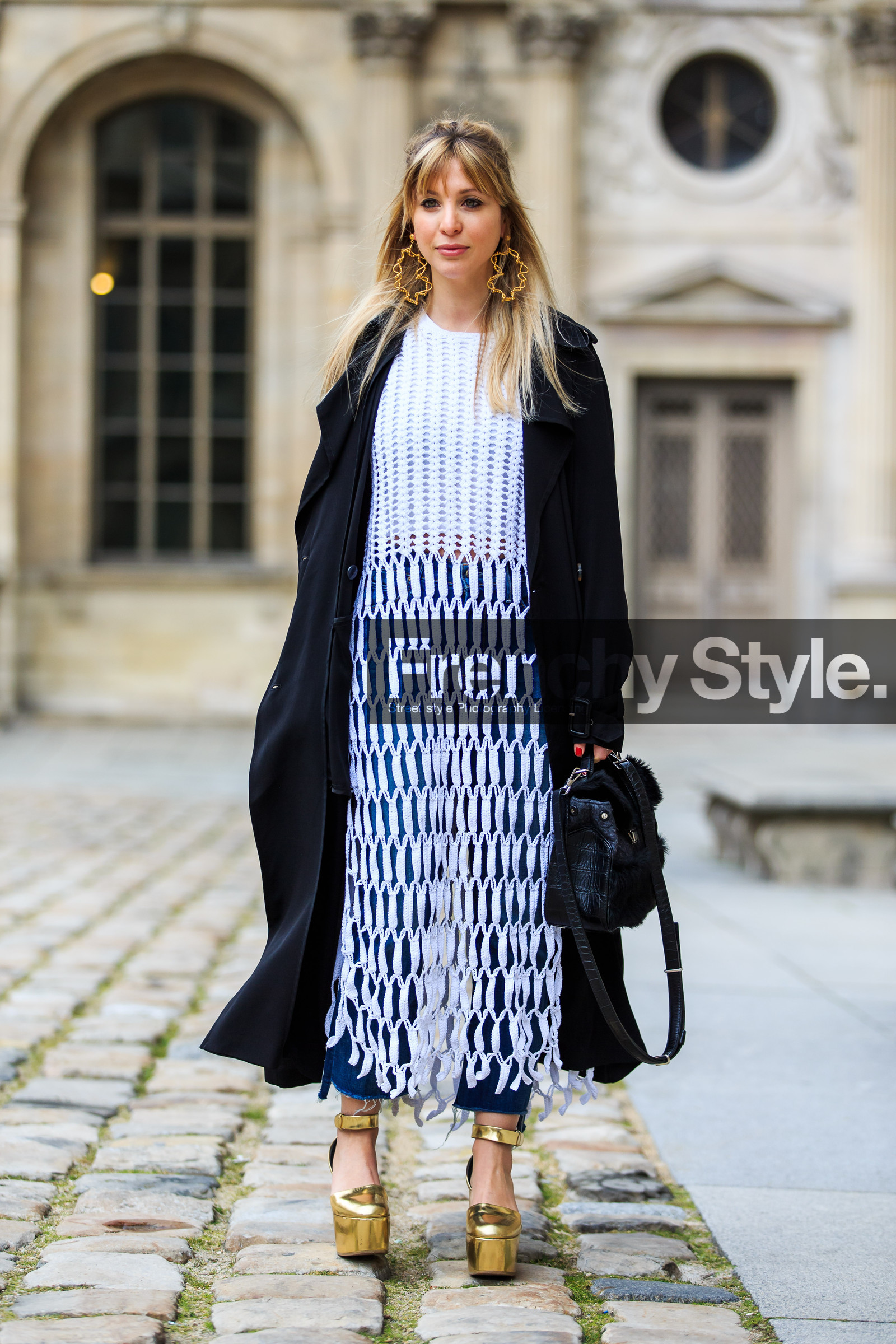 AUTUMN WINTER 2016-2017, AW 16-17, black bag, black coat, blue denim, denim pants, earrings, FALL WINTER 2016-2017, fashion week, fishnet, frenchystyle, full length, fur bag, FW, FW 16-17, golden heel, golden jewelry, golden sandals, golden shoes, high heels, jeans, jonathan paciullo, leather bag, leather shoes, metallic heels, open work, PARIS, PFW, shiny shoes, street style, trench coat, trousers, vertical, white dress