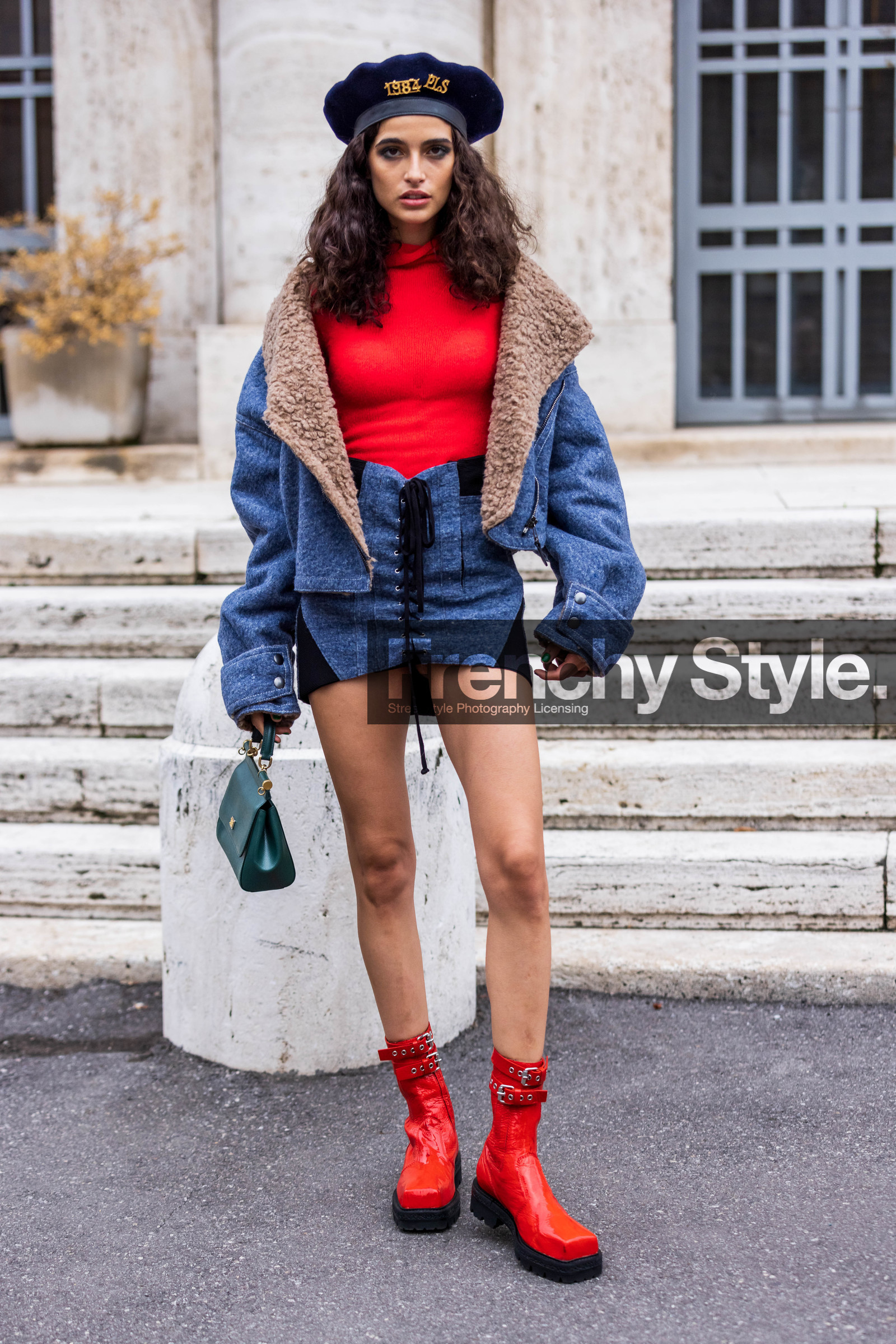 bag, beret, blue beret, blue jacket, blue skirt, boots, Chiara Celsi, color, green bag, jacket, lace up skirt, leather bag, leather boots, mini skirt, red boots, red turtleneck, skirt, turtleneck, wool beret, wool jacket, wool skirt, fashion week, frenchystyle, FW, jonathan paciullo, street style, SPRING SUMMER 2022, SS 22, MFW, MILAN, vertical, full length