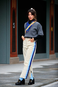 louise follain, grey pullover, low necked pullover, blue blouse, blue shirt, ruffle blouse, ruffle shirt, floral printed blouse, floral printed shirt, white pants, short sleeves pullover, striped pants, light blue pants, light blue socks, black leather loafers, corduroy pants, velvet pants, louis vuitton blouse, louis vuitton shirt, louis vuitton pants, louis vuitton shoes, PARIS, PFW, fashion week, frenchystyle, FW, jonathan paciullo, street style, SPRING SUMMER 2021, SS 21, vertical, full length