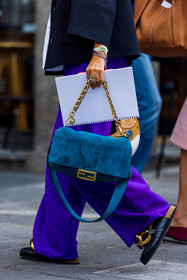 bag, black mules, blue bag, color, fendi bag, jw anderson mules, leather mules, mules, purple pants, suede bag, fashion week, frenchystyle, FW, jonathan paciullo, street style, MFW, MILAN, SPRING SUMMER 2022, SS 22, vertical, atmosphere details, detail