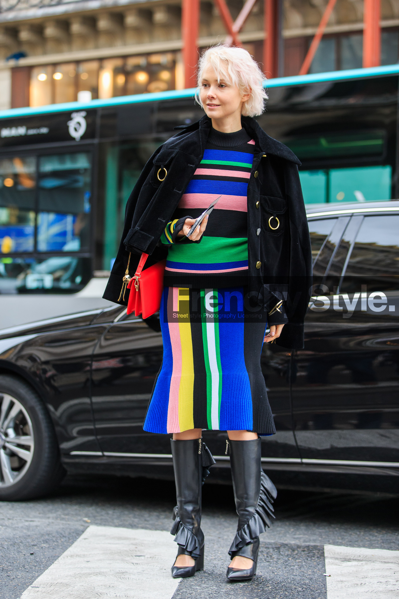 AUTUMN WINTER 2016-2017, AW 16-17, black boots, black jacket, FALL WINTER 2016-2017, fashion week, frenchystyle, full length, FW, FW 16-17, geometric, graphic skirt, graphic sweater, high boots, high heels, jonathan paciullo, jw anderson, leather bag, leather boots, multicolor skirt, multicolor sweater, olga karput, over the shoulder, PARIS, PFW, red bag, street style, striped skirt, striped sweater, stripes, suede jacket, vertical