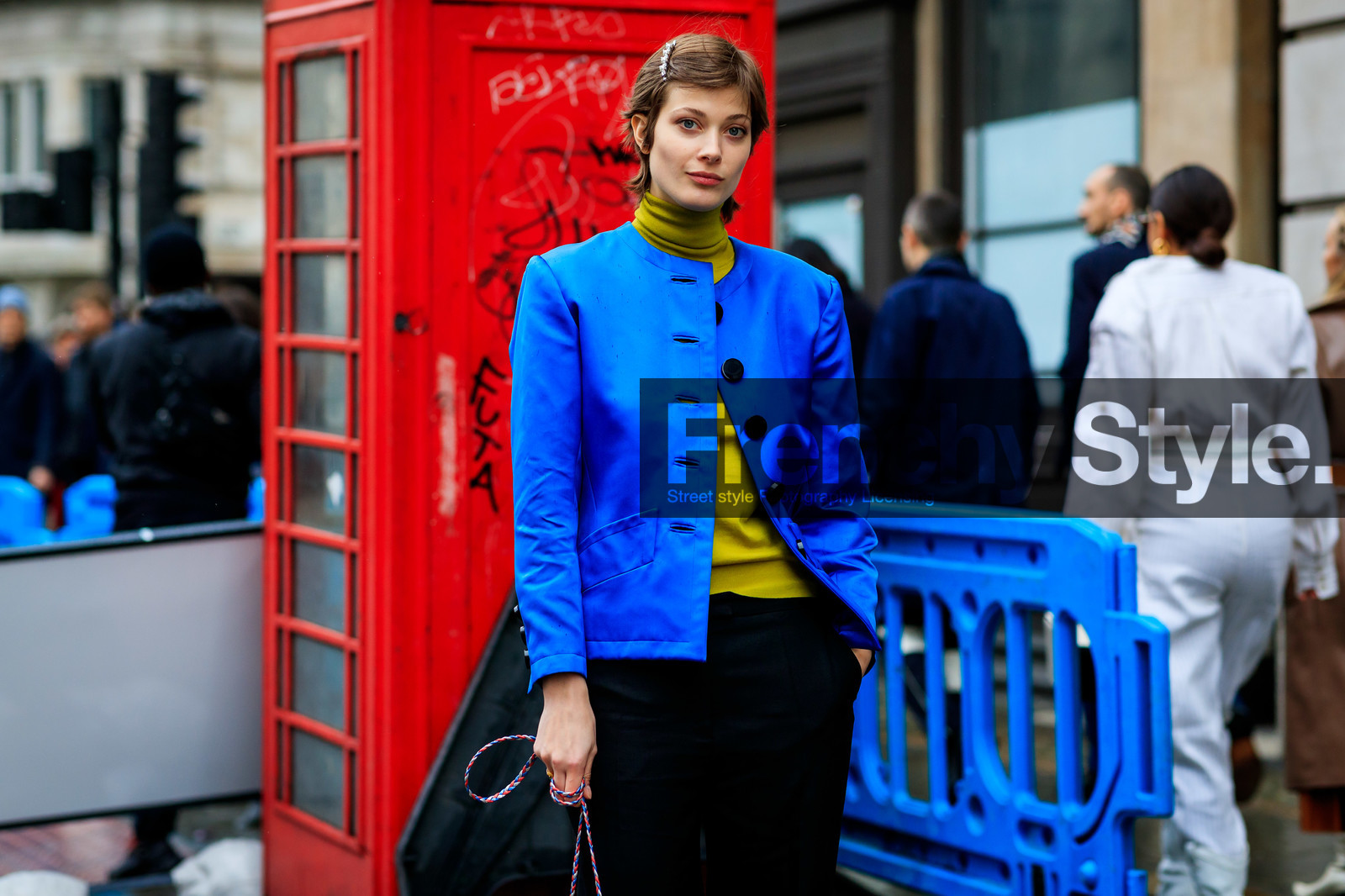 black pants, blue jacket, green sweater, hair clip, larissa hofmann, model, short hair, trousers, LONDON, LFW, fashion week, frenchystyle, FW, jonathan paciullo, street style, AUTUMN WINTER 2019-2020, AW 19-20, FW 19-20, FALL WINTER 2019-2020, horizontal, atmosphere details, detail