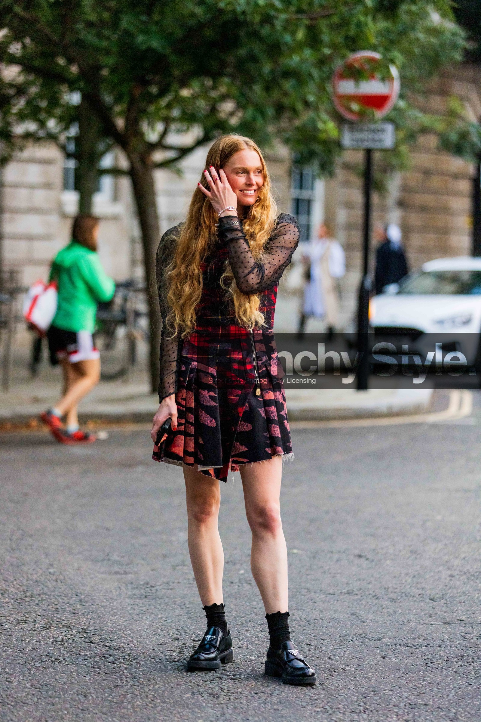mini dress, dress, pleated dress, colorful, red, black, derbies, prada, print, simone rocha, fashion week, frenchystyle, FW, jonathan paciullo, street style, SS 22, SPRING SUMMER 2022, LFW, LONDON, vertical, full length